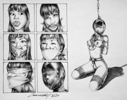 geknebelt: Inktober 2017′s theme for the 24th was ‘blind.’ Not sure if a blindfold and hood counts, but I had to find some way to tie the theme in with BDSM, right? XD Done in ballpoint pen. Plus, I love gag sequences! Anyway, enjoy!  