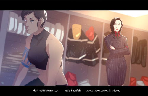 denimcatfish:Korrasami Firefighter AU. Asami’s company is responsible for providing the Fire Engines and she’s visiting Korra’s station while she’s brooding over something.  O oO <3