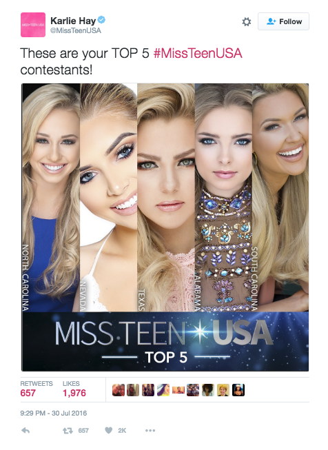 micdotcom:  People are dragging Miss Teen USA 2016 Karlie Hay for using the n-word a lot on Twitter The 18-year-old Hay, who was formerly Miss Texas Teen USA, won the top crown Saturday at the Miss Teen USA pageant in Las Vegas. But before the clock had