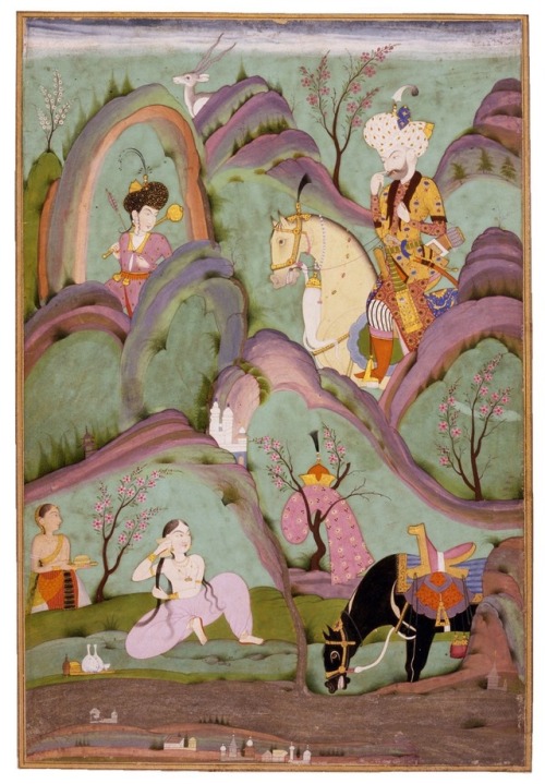 Khusraw Beholding Shirin Bathing. Indian art, circa 1730. The painting is based on a romantic s
