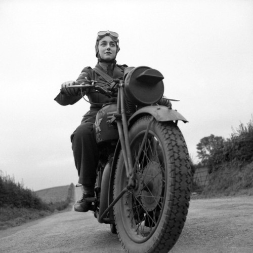 Portrait of a British Auxiliary Territorial Service (ATS) motorcycle despatch rider in Northern Irel