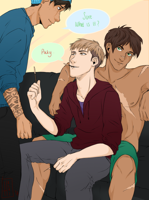 hachidraws:   later on Jean finds out Eren secretly told Marco about the ‘pocky game’ and Marco kind of ran with the idea…. both of them got fwumped with pillows  Soooo I did as a ways to celebrate Deb’s birthday! It’s been lovely getting to