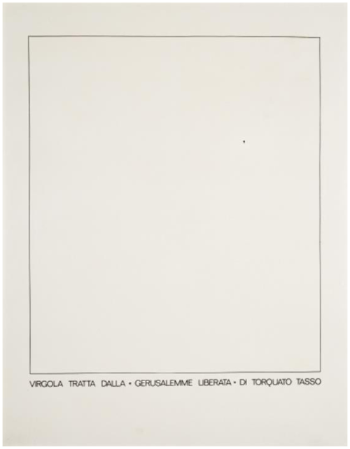 Emilio Isgrò, Virgola tratta dalla « Gerusalemme liberata » di Torquato Tasso, 1972 [Archivio di Nuo