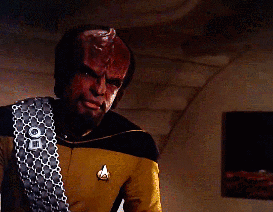 when Worf smiles at Will ♡(´ ꒳ ` ✿) ID: Three gifs from TNG, showing Worf smiling at Will Riker. The first and third gif 