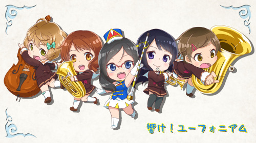 I drew some chibi Sound! Euphonium can badges for an event last weekend and made a quick wallpaper o