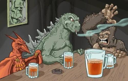 theweeklyansible:  How does Rodan pick up his beer? And either Kong is belligerent, or Godzilla is an asshole…probably both.