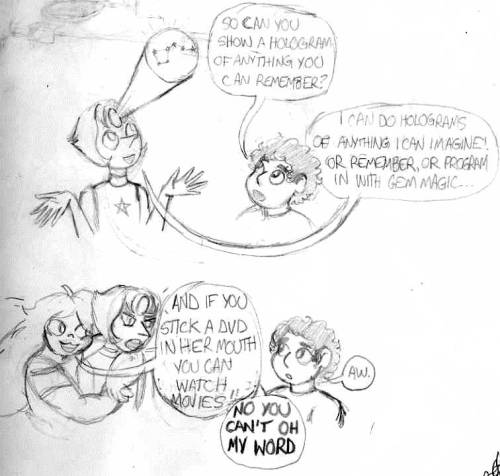 projectormom:  some of my oldest SU fanart, from my old sketchbook i have always been unduly fascinated by pearl’s holograms i guess and i kind of imagine steven was too when he first found out all about them 