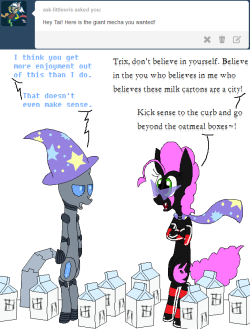 darkfiretaimatsu:  Yours is the Trixie hat that will pierce the heavens~! C’mon, the sooner you play along, the sooner you get your cape back~  X3!