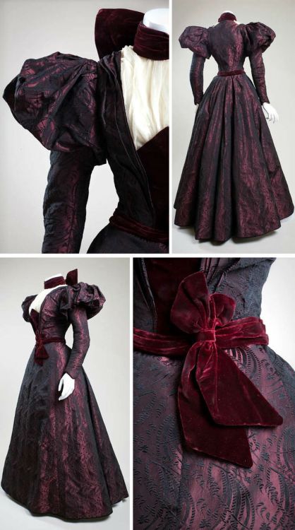 theblacklacedandy: cimetiere-chanson: Afternoon dress ca. 1897. Silk brocade, velvet, chiffon. Made 