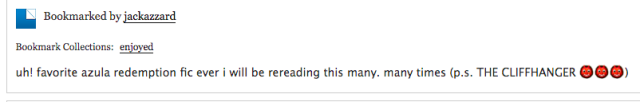 an AO3 bookmark reading "uh! favorite azula redemption fic ever i will be rereading this many. many times (p.s. THE CLIFFHANGER )"