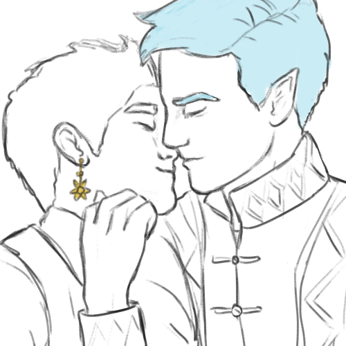 ashen-crest:[ID: a digital pencil sketch of two men about to kiss. The man on the left is wearing a 