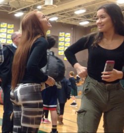 hororlover:  twistedirl:  Two super hot teens with giant asses chatting at the gymnasium. I think I’m in love with both of them…Also that brunette has a sweet cameltoe. Jesus.  They are fatass besties