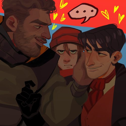 more pathologic twitter art, including burakhovsky with clara being annoyed bc they only flirt or fi