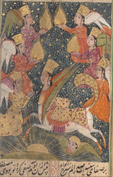 Buraq, the winged steed of the Prophet, surrounded by angels.  From a small copy of the diwan of Haf