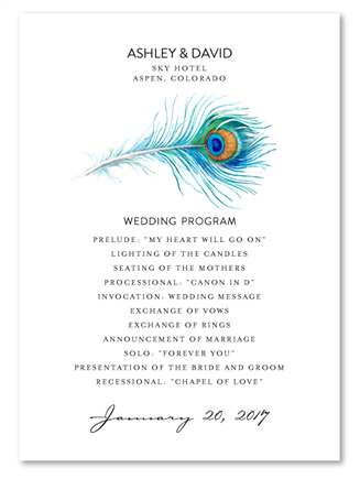 Customize Peacock Wedding Programs with your text. Beautiful peacock feather printed on unique white premium paper, with Teal and Green watercolor accents, it is perfect for your garden wedding.