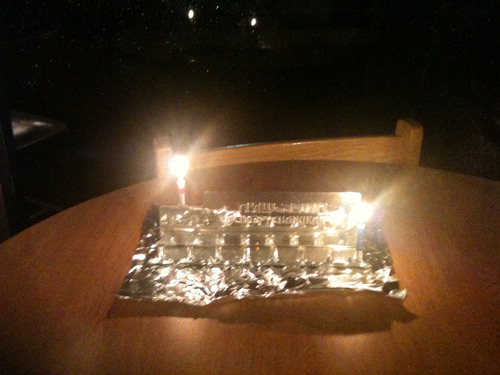 My own little Menorah in my dorm common room. Prime real estate just in front of the window out to o