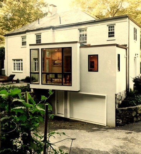 Exterior - StuccoSmall Contemporary White Two-story Stucco Exterior Home Idea With A Mixed Material Roof