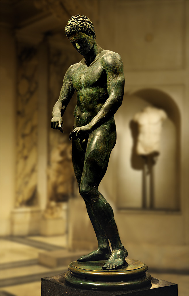 theancientwayoflife:  ~ Apoxyomenos (athlete scraping his body with a strigil). Roman copy of a bronze original by Polykleitos ca. 320 B.C. Medium: Bronze Provenance: Vienna, Ephesos Museum 