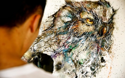 asylum-art:  Hua Tunan :Owl Illustration Created with Lively Splatters of Paint Chinese illustrator, painter, and street artist Chen Yingjie (aka Hua Tunan) creates paintings that are alive with energy. Using a splattering technique, he creates beautiful