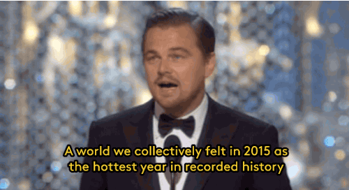 refinery29:  Leo in his Oscar acceptance speech: your votes in America and internationally have a major effect on global warming, the most dire threat of our time. Gifs: The Oscars on ABC FOLLOW REFINERY29 