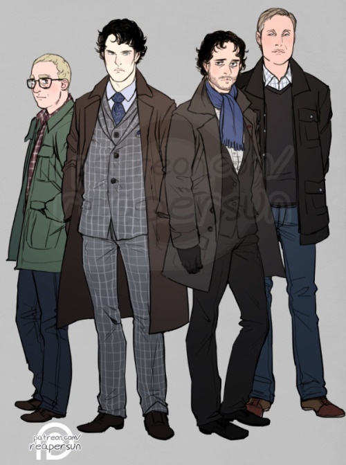 Support me on Patreon! => Reapersun@PatreonHannibal/Sherlock clothing swap X3 I really wanted to draw Will in a short version of Sherlock’s coat so Hannibal got shafted, but next time I think I will swap the clothes again hehe~ John would look cute