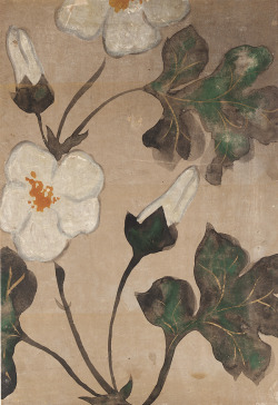 iloverainandcoffee: Rose mallow Probably 19th centuryOgata Kenzan , (Japanese, 1663-1743) Edo period Ink, mineral pigments, and gold on clay-loaded paper.H: 47.9 W: 76.2 cm Japan  via Japanese Art 