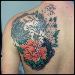 tattoofreaks:  Done by Robby #tattoo #ink #foodog #peony #rock #color #japanese by infamiliatattoo http://instagr.am/p/VgS62QnYLF/