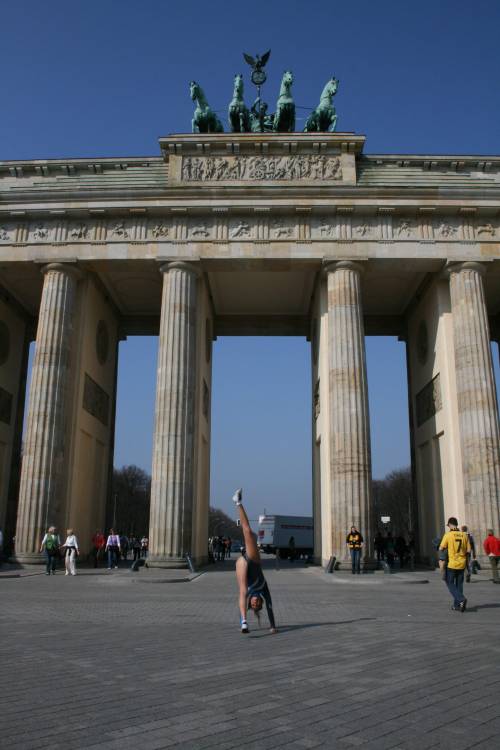 Visiting the Brandenburger Gate in Berlin. Wearing my blue grey AM leotard.