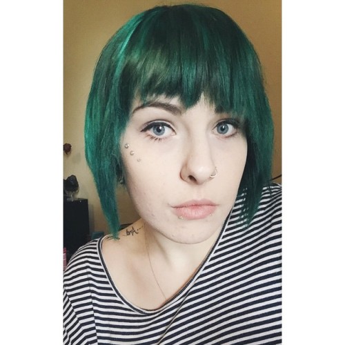 So this happened. Not sure how I feel.   #greenhair #blueeyes #dermals #americanapparel #piercings #tattoo