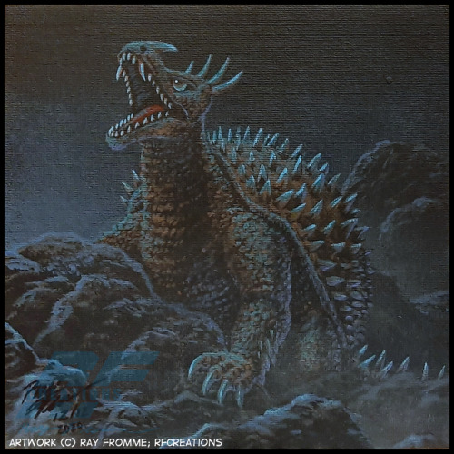 almightyrayzilla:“Anguirus Calls Out”; 8x8 panel canvas; acrylicsSomethin’ funny goin’ on. He’s off 