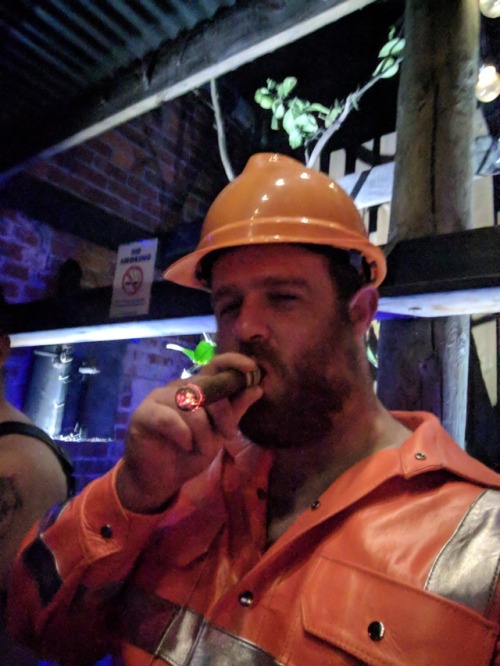 darkevilent: Enjoying a good Cigar in My New Custom Made All Leather Workers Uniform.