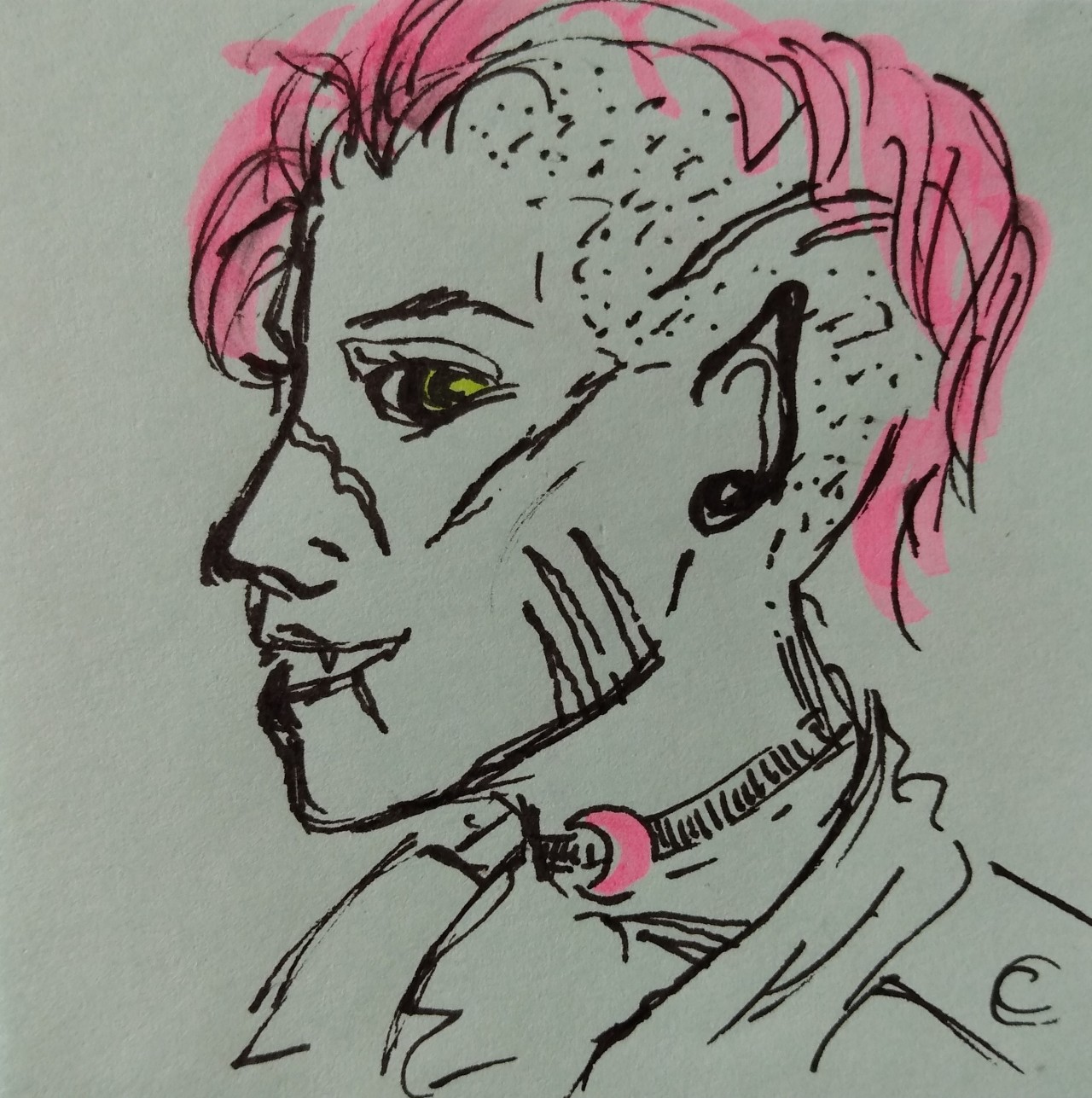 A doodle of Remus Lupin on a blue post-it note. He is in profile, on yellow eye looking at the viewer. He is smiling, showing pointed teeth. His hair is pink and he wears a pink half-moon choker.