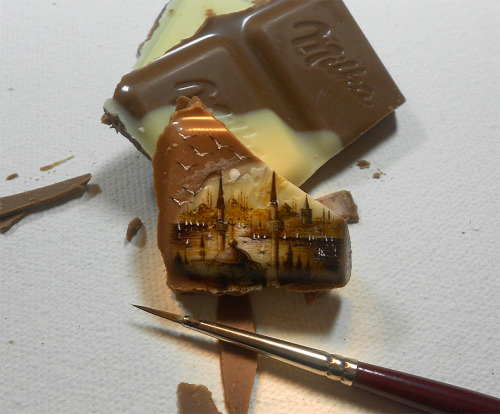 escapekit:  Tiny landscapes Turkish artist Hasan Kale creates impossibly tiny landscapes on pieces of food from onion peels to kiwi seeds and bits of chocolate.