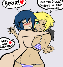 hayakain:  @hellyaart wanted a hug, so i gave him one of his characters Rachel and Cyn :D   boobies~ ;9