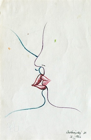 kundst:Stanislav Podhrázský (Pol. 1920-1999)Kiss (1966)Crayon on paper (24.5 x 16 cm)