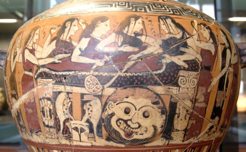 lionofchaeronea: Thetis and her fellow Nereids mourn the fallen Achilles.  Corinthian black-figure h