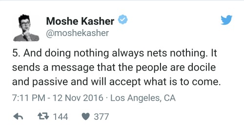 [Screenshots of a series of tweets by Moshe Kasher (twitter user moshekasher), as follows:1. There&r