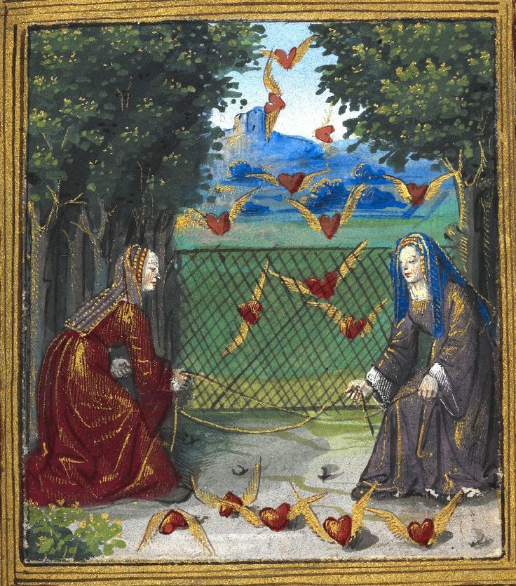 renaissance-art:  Women catching flying hearts from a French manuscript, Petit Livre