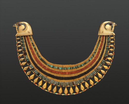 Broad collar with falcon heads, belonging to an ancient Egyptian noblewoman named Senebtisi.  Made o