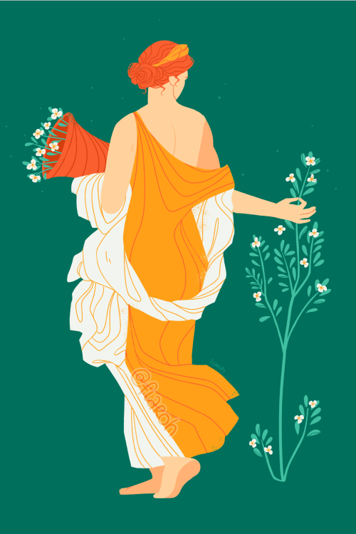 Art by flaroh illustration. A study of the fresco of Flora/persephone from pompeii. The colours are a vivid green background with flora picking flowers with peach skin, orange hair, and a yellow robe.