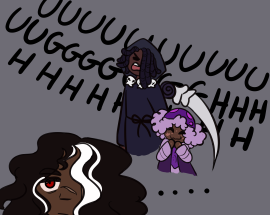 dark choco walking away as licorice and poison mushroom lag behind. mushroom is smiling and licorice is whining. a lot. dark choco's expression is unreadable