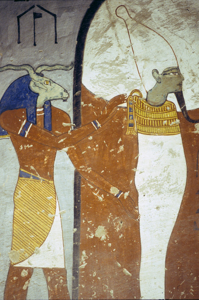 Relief of Osiris and KhnumRelief depicting Osiris and the ram-headed god Khnum, detail of a wall pai