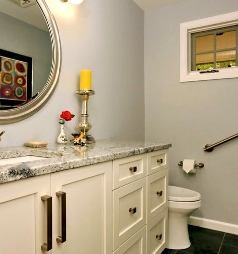 Boston Powder Room BathroomMid-sized Transitional Slate Floor And Gray Floor Powder Room Photo With Shaker