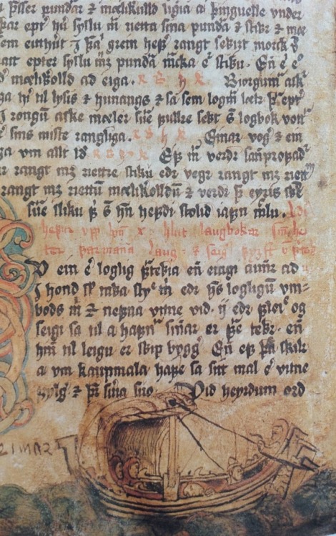 A page from 14th-century illuminated manuscript of theProse Edda, depicting a Viking ship.