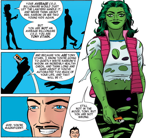 copperbadge:Tony’s futile passion for Jen makes me happy on so many levels.[From She-Hulk #1, 2014.]