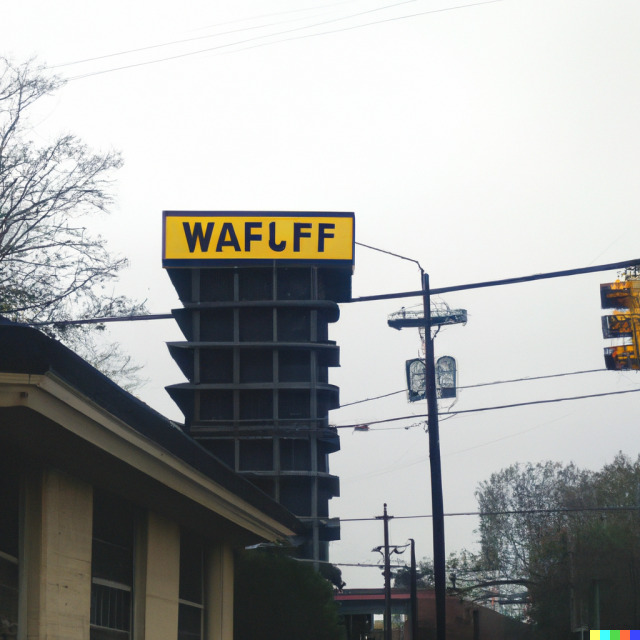 A waffle-textured tower rises in front of grey skies, behind some power lines and a stoplight. Sign on the tower reads WAFLFF 