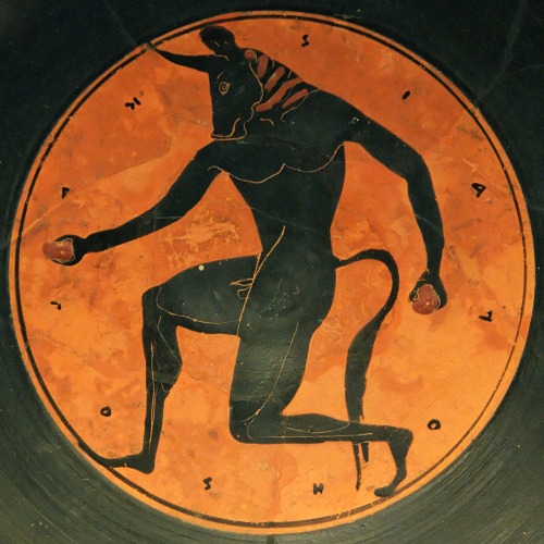 lionofchaeronea:The Minotaur.  The surrounding inscription reads ὁ παῖς καλός (”The boy is handsome/