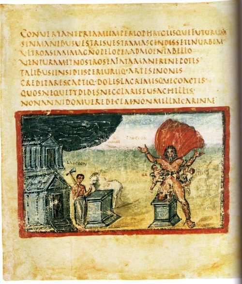 artofthedarkages:“The Death of Laocoon in the Vatican Vergil”Folio 18v of a Latin illumi