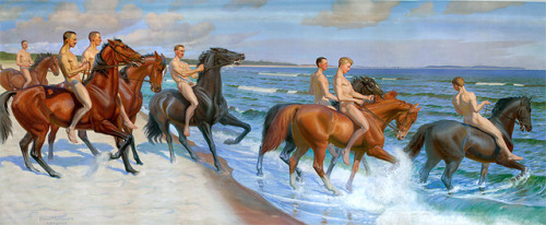 vintagemusclemen:  For our Friday night art lesson, I am featuring male nudes on horses, and all of them seem to involve water.  We start with a 1906 piece called “Dragoons Riding to Bathe” by Oscar Matthiesen.  Click or tap for a larger, more