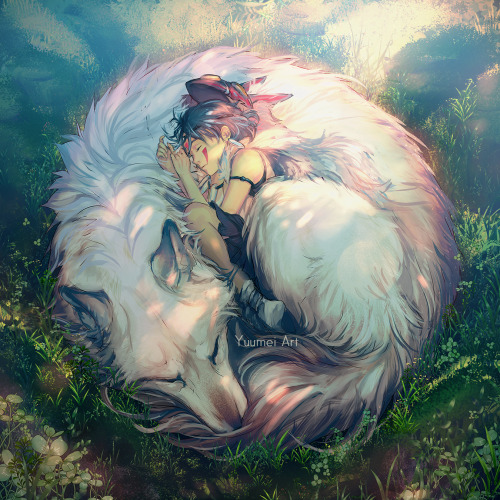 yuumei-art: This is my dream bed~ <3San sleeping with her wolf family. After so many years, Princ